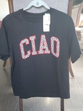 Simons  Icone Black 'CIAO' Tee with Leopard-Print Appliqué and Red Trim